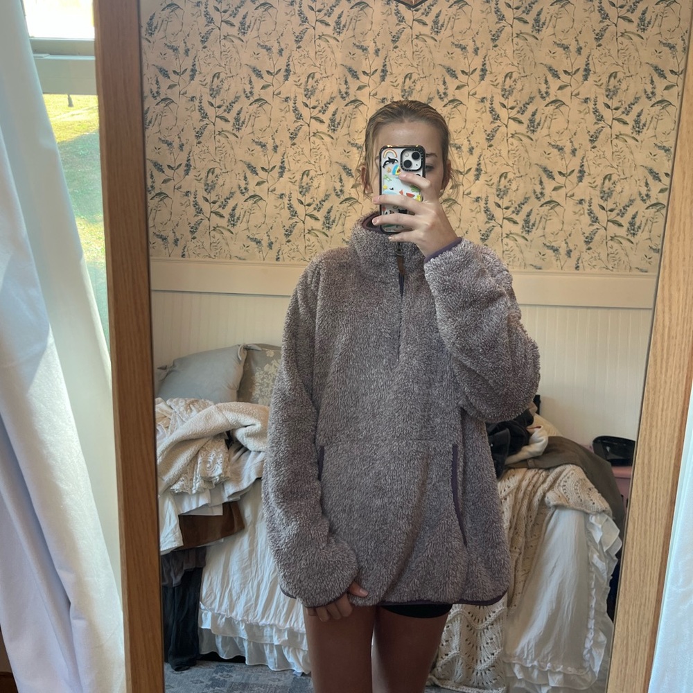 LIV fluffy purple sweater with leather accents